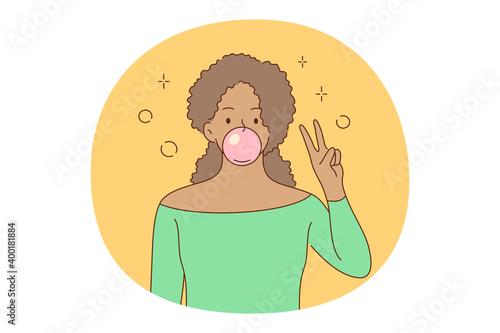 Chewing bubblegum concept. Young black girl chewing pink bubble gum blowing bubble and showing peace sign with fingers vector illustration 