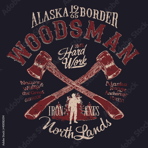 Alaska outdoor  woodsman vector artwork for boy t shirt grunge effect in separate layers