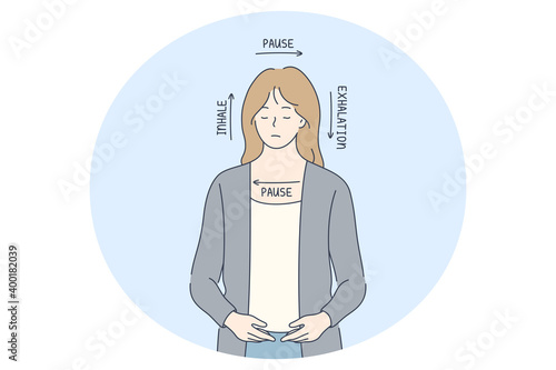 Stress, overwork, breathe concept. Young woman with eyes closed feeling stress and breading in four stages for inhale, pause, exhalation and pause again for relaxation and feeling better 