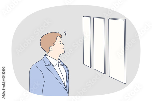 Art museum, gallery, exhibition concept. Young man cartoon character visiting exhibitions and looking at artworks paintings on wall illustration. Cultural education, development, modern arts 