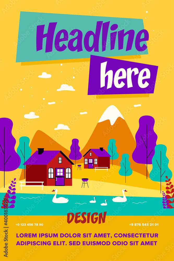 Small cottages or houses in mountains. Backyard, summer, weekend flat vector illustration. Nature and vacation concept for banner, website design or landing web page