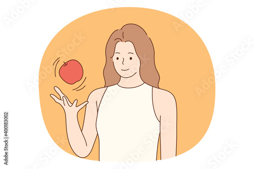 Healthy food, clean eating, vegetarian diet concept. Young positive woman standing and playing with fresh red apple in hand. Wellness, bodycare, healthy lifestyle illustration