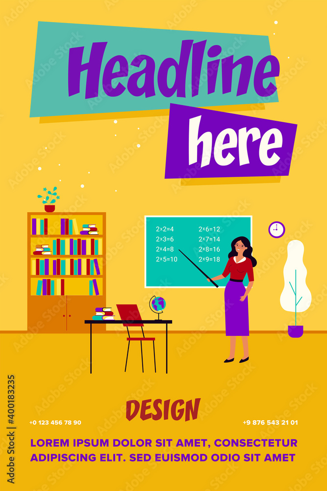 Female teacher standing near blackboard isolated flat vector illustration. Cartoon professor holding pointer and explaining lesson in classroom. School and education concept