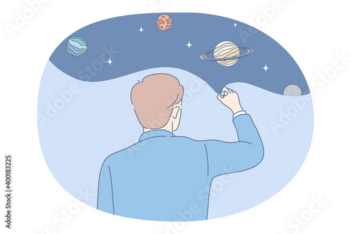 Astronomy and planetarium concept. Men scientist standing backwards and making picture of planets in universe and cosmos and galaxy vector illustration 