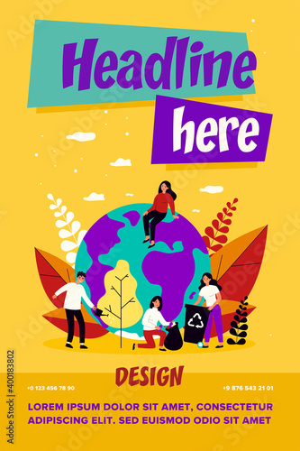 Group of eco volunteers working outdoors. Young people planting tree, collecting garbage flat vector illustration. Environment, planet care concept for banner, website design or landing web page