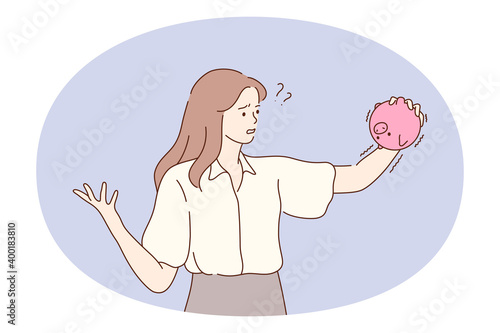 Saving money, piggybank, financial loss concept. Young frustrated woman cartoon character standing with empty pink piggybank and feeling lack if understanding for money loss. Collecting money