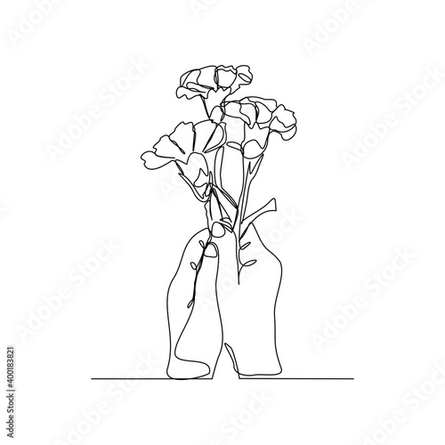 Continuous line drawing of a hand holding bouquet flower. Hand's woman with a flower isolated on white background. Give a sign of love for someone. Minimalism style. Vector sketch illustration