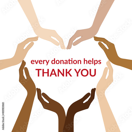 human hands with different skin colors form a heart for donation vector illustration EPS10