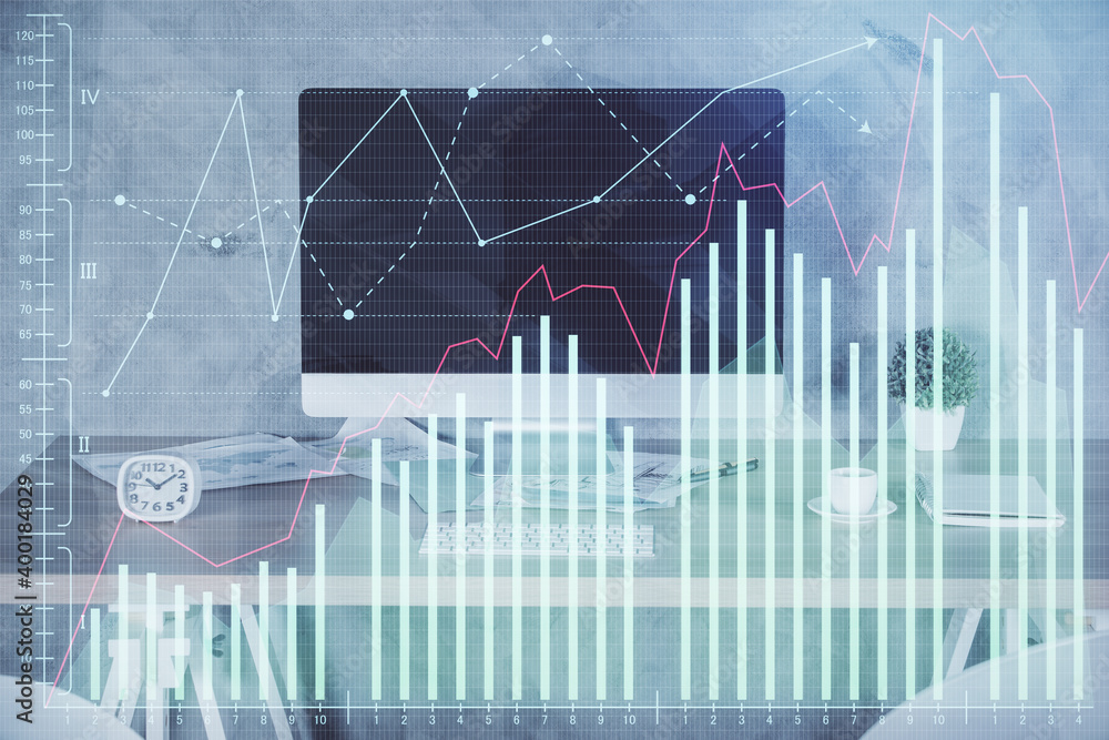 Multi exposure of financial graph drawing and office interior background. Concept of market analysis. Multi exposure of financial graph drawing and office interior background. Concept of market analysis.