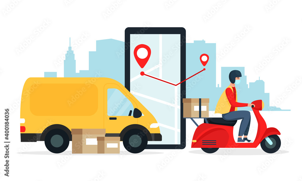 Fototapeta premium The concept of safe delivery, by the same car, red scooter, moped, motorcycle. Vector illustration in flat style