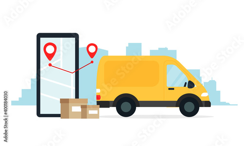 Safe delivery concept, delivery man on a yellow car. Vector illustration in flat style