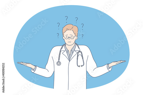 Healthcare, doctor showing signs, medicine concept. Young man doctor therapist in uniform cartoon character showing frustration, with hands stretched out vector illustration