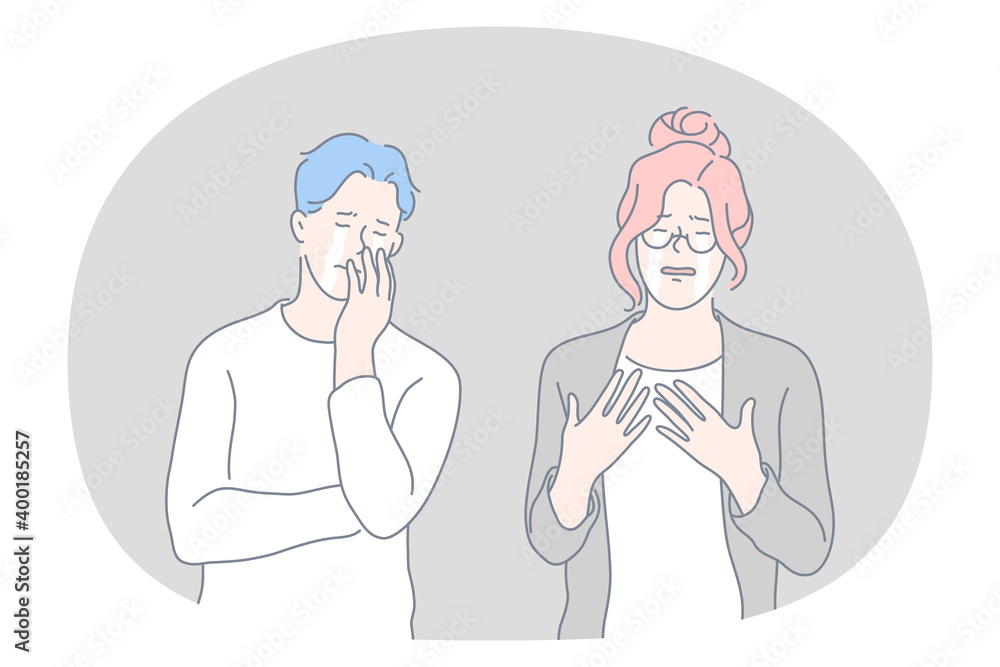 Grief, crying, sadness concept. Young unhappy couple cartoon characters standing and crying together feeling depressed about bad news vector illustration Grief, crying, sadness concept. Young unhappy couple cartoon characters standing and crying together feeling depressed about bad news vector illustration