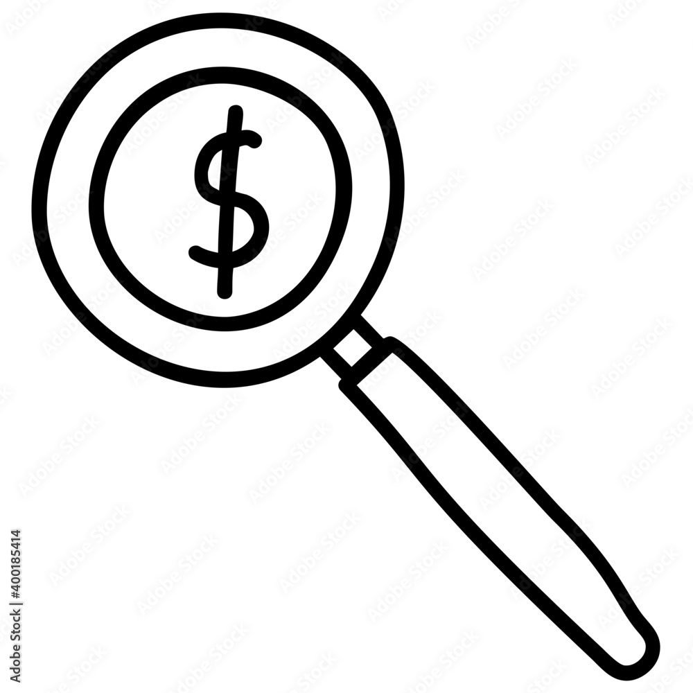 Dollar under magnifier, financial search icon. Dollar under magnifier, financial search icon.