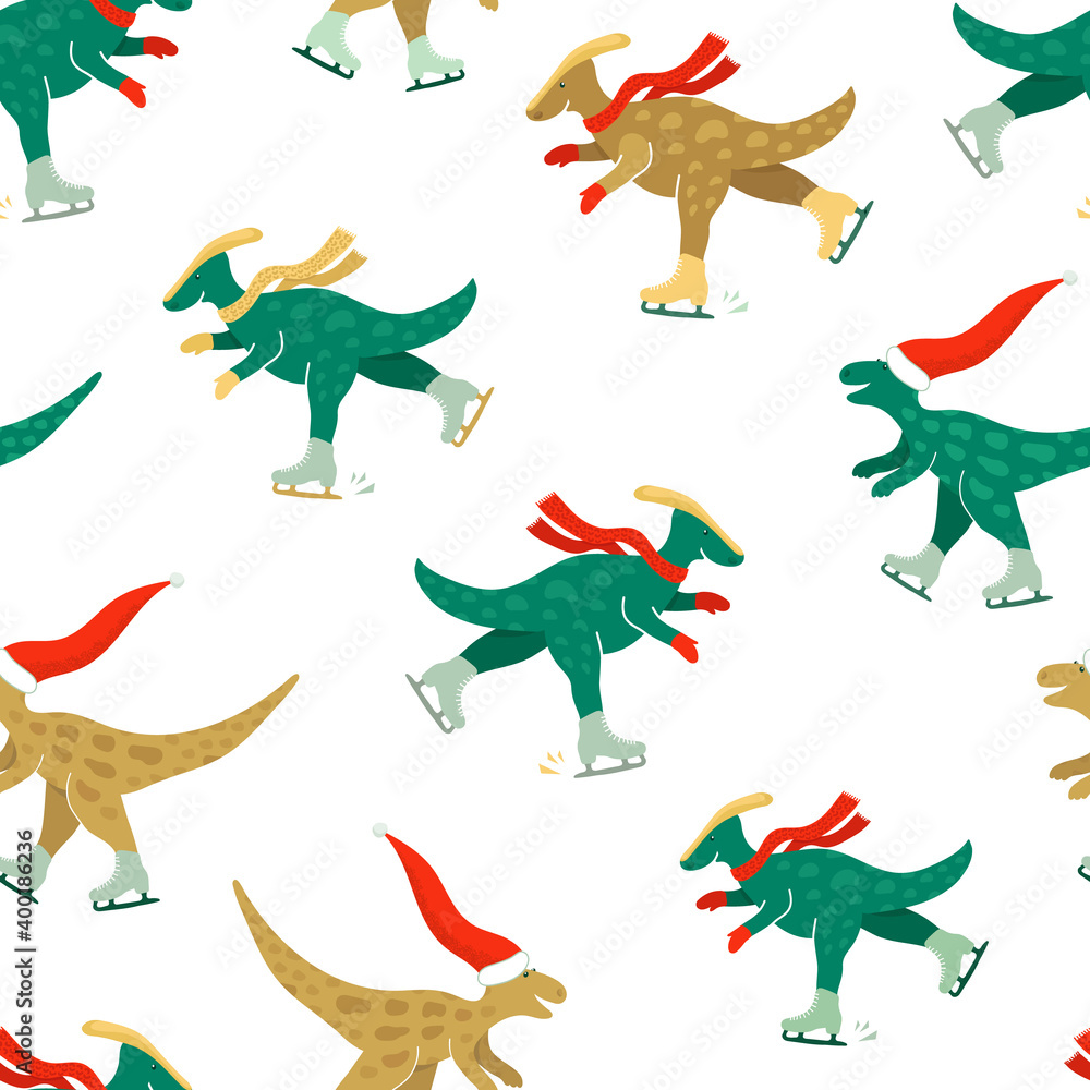 Pattern with dinosaurs skating on ice Pattern with dinosaurs skating on ice