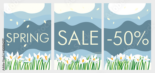 Spring discounts. Shop tags. Vector graphics