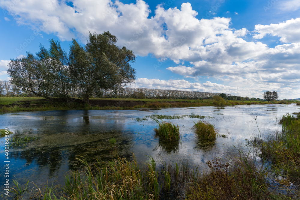 Summer landscape with cloudy sky.