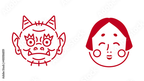 赤鬼　おかめ　線画　アイコン