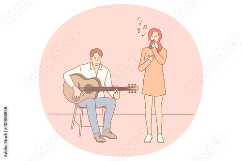 Music band, playing guitar, singer concept. Young couple man and woman cartoon characters playing guitar and singing together during performance on stage. Music festival, show, singers, melody, song