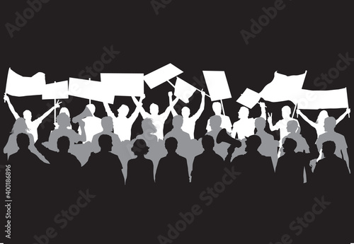 Crowd of protesters with banners demonstration people vector silhouette on black background