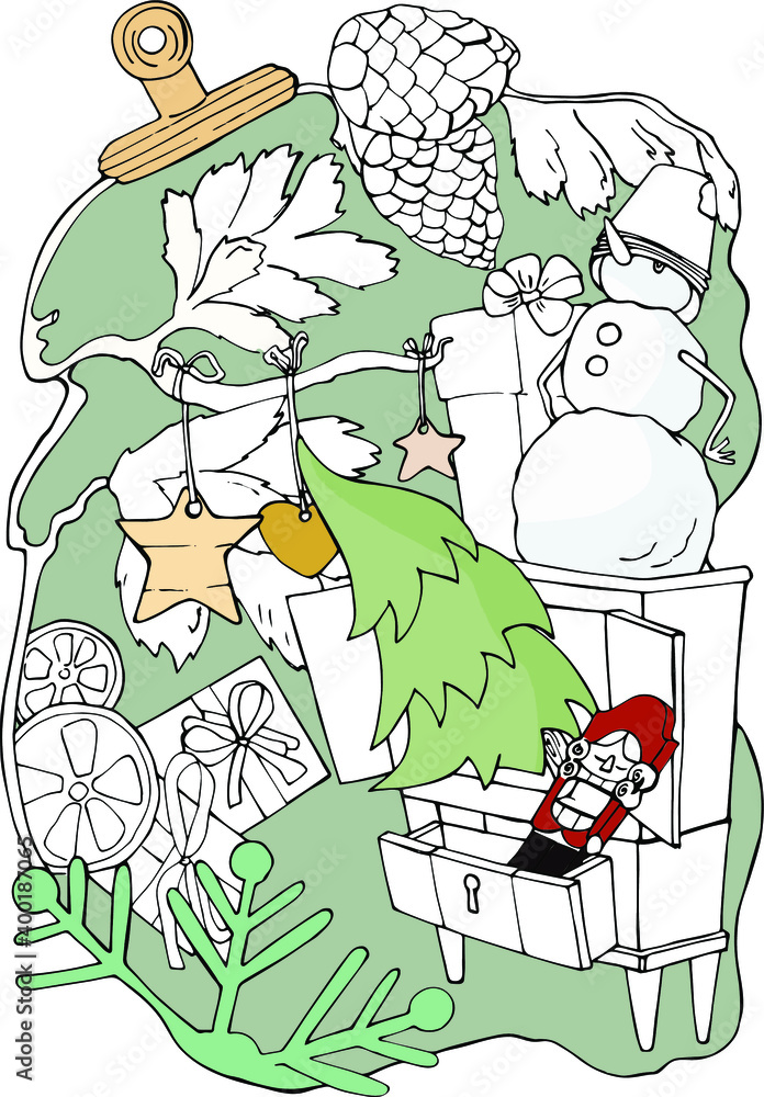 vector illustration Snowman with a gift,a Christmas tree and a toy nutcracker in a closet,spruce branches,cones,Christmas decorations on a green background