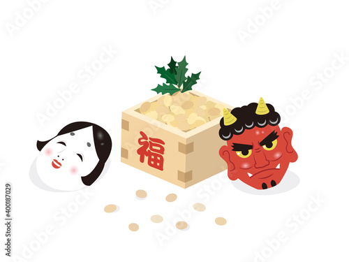 節分のイラスト　鬼のお面　豆と枡