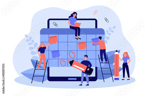 Happy tiny employees making organizer or schedule in big tablet flat vector illustration. Cartoon students organizing planner in app. Event appointment and communication concept