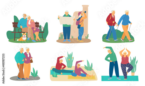 Vector Set Of Elderly Couples Doing Different Activities. Sitting On The Park Bench With Dog, Travelling, Nordic Walking, Exercising. Isolated On White.