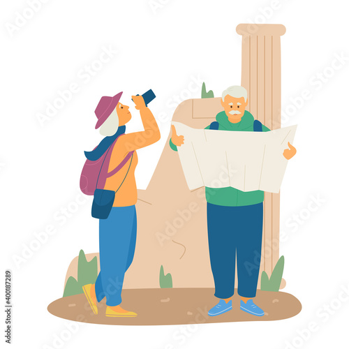 Elderly Couple Travelling Flat Vector Illustration. Old Lady In Hat Taking Photo Of  Ancient Ruins, Senior Man Looking At The Map. Active Retirement.