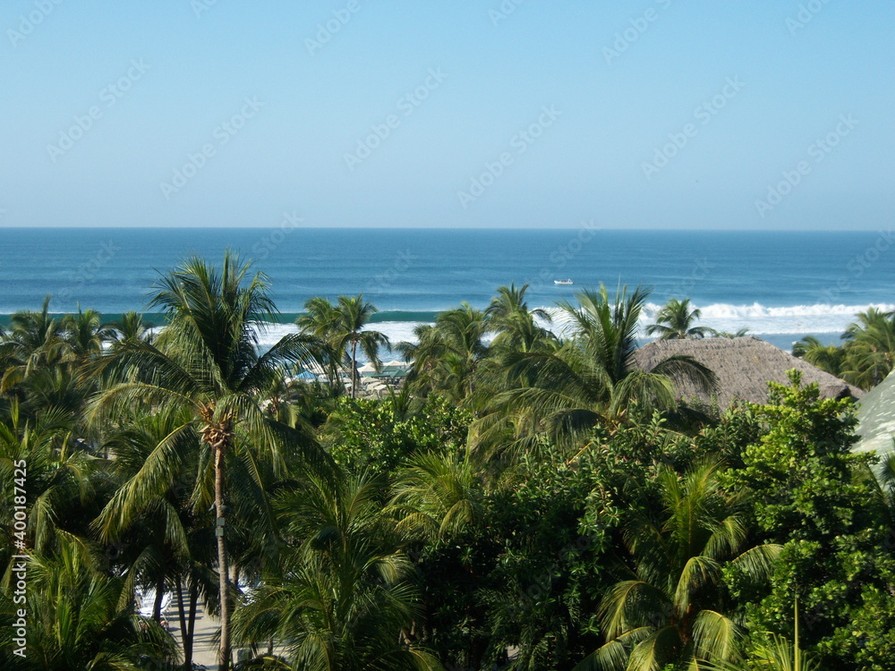 Vue avec palmiers sur une plage à Acapulco