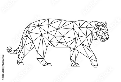 Isolated tiger in low poly style on white background. A polygonal illustration of an animal of prey consisting of triangles. Geometric design for logo, for printing on clothes or poster. Vector.