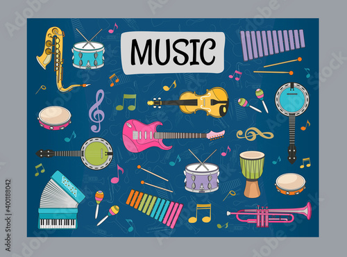 Blue background design with musical instruments. Variety of instruments for musicians. Concert and entertainment concept. Template for promotional or invitation web page photo