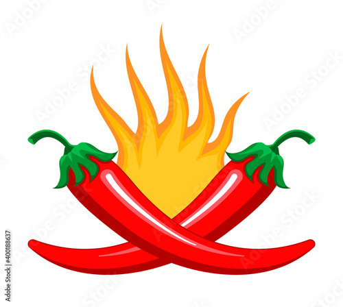 Red chilly peppers are burning as spicy sign. Cartoon vector isolated on the white background. Hot chillies in fire for food logo, banner, flyer