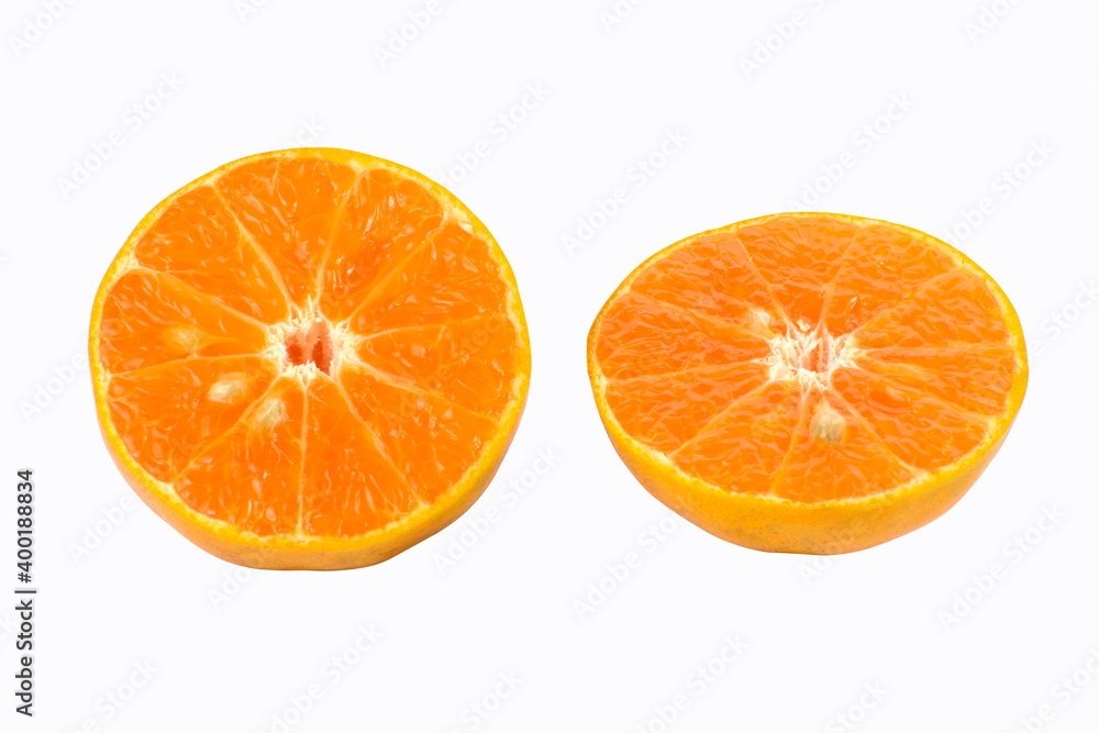 Fresh orange cut in half on white background Fresh orange cut in half on white background