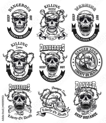Dangerous zone emblems set. Monochrome design elements with human skulls tied with barbed wire, ribbons with text. Danger or death concept for labels, stamps, tattoo templates