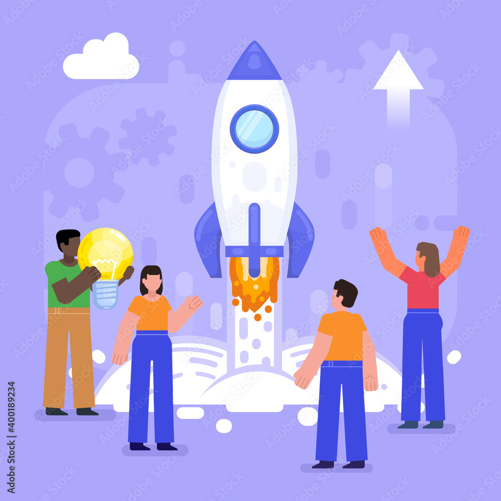 Rocket launch as symbol of new business or startup. Group of people stand near rocket take off. Modern vector illustration Rocket launch as symbol of new business or startup. Group of people stand near rocket take off. Modern vector illustration