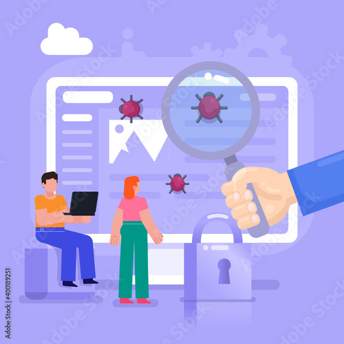 Scan computer for viruses, vulnerability, data safety. Scan website or web app for bugs, beta testing. Modern vector illustration