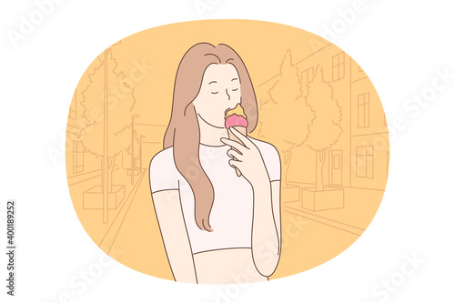 Calories, Unhealthy eating, fast and junk food concept. Young girl cartoon character standing and eating fruit ice cream outdoors with eyes closed. Overweight, snack, lifestyle, harmful eating