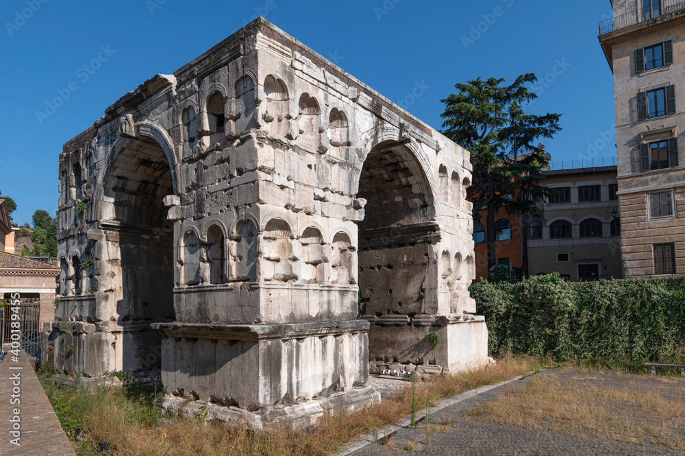 Photo of the triumphal arch of Janus, not far from the Temple of Hercules and the Temple of Porturno. Built in the Forum Boarium, near the Velabro, an ancient area of Rome and the Roman Forum.