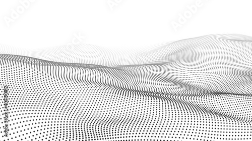 Abstract white wave with moving dots. Flow of particles. Vector cyber technology illustration.