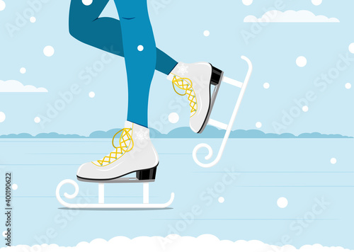 Pair of white skates. Figure skating. Women's skates. Winter active outdoor leisure ice skates. vector illustration.