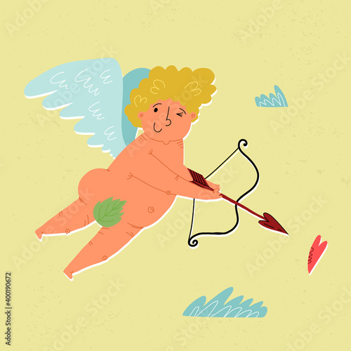 A cute hand-drawn flying Cupid with slings and arrow aim at heart. Clouds around. Valentine's Day greeting card design.
