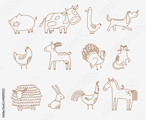 Canvas flat vector illustration of cute farm animals