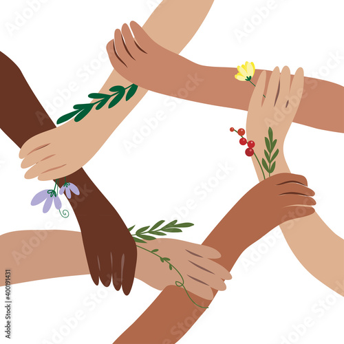 United community. Hands of diverse group of people. Concept of cooperation, unity, togetherness, partnership, agreement, teamwork. 