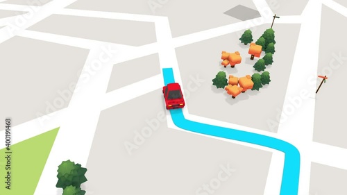 Car driving on blue line, 3d animation, drive on gps map,