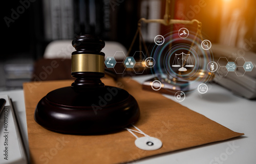Concepts of Law and Legal services. Lawyer with law interface icons.
