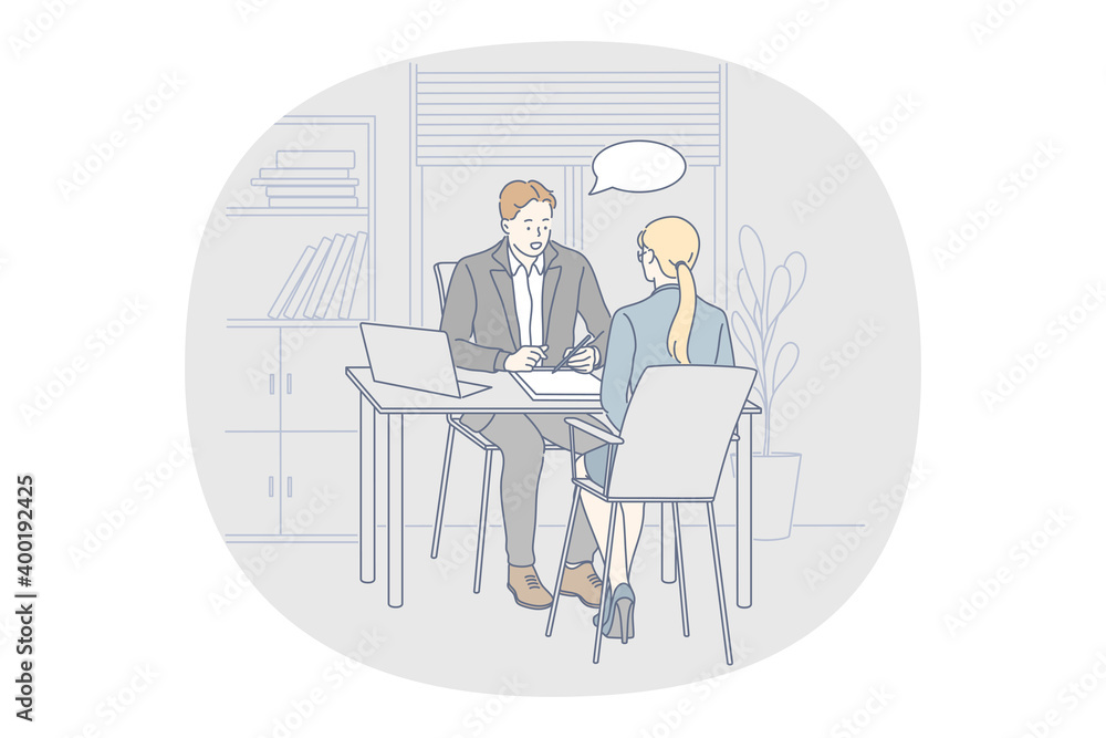 Interview, office job seeker concept. Young businessman boss director sitting and interviewing woman candidate asking questions about resume. Head hunting, human resources illustration 