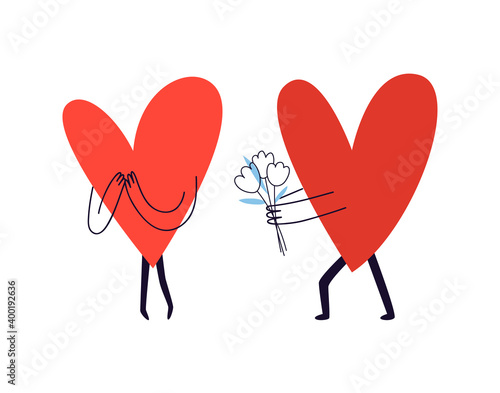 An unexpected gift for Valentine's Day. Hand-drawn cute heart-shaped characters give a bouquet of flowers. Vector stock illustration in cartoon style on a white background.