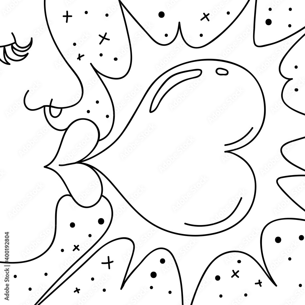 A girl with plump lips inflates a heart-shaped bubble of gum, which then explodes. Profile of a young woman with a pierced nose. Stock vector illustration on white background hand drawn outline. A girl with plump lips inflates a heart-shaped bubble of gum, which then explodes. Profile of a young woman with a pierced nose. Stock vector illustration on white background hand drawn outline.