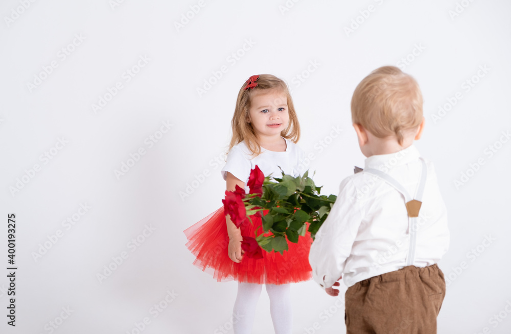 little boy giving bouquet of roses to toddler girl on valentines day on white background. little boy giving bouquet of roses to toddler girl on valentines day on white background.